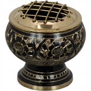 Brass Incense Burner with Grid Engraved Flowers Black